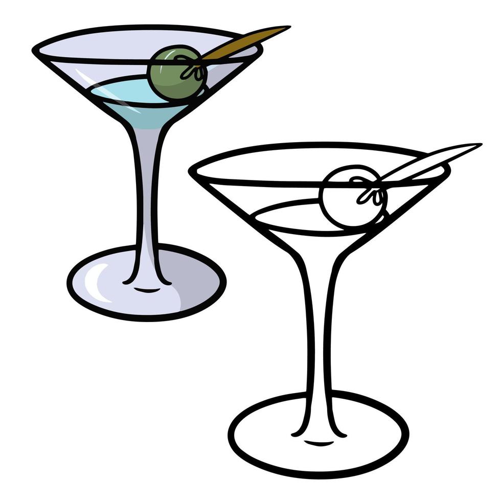 un conjunto de dibujos a color y bocetos, cóctel con aceituna en un vaso de vidrio, martini, ilustración de vectores de dibujos animados en un fondo blanco