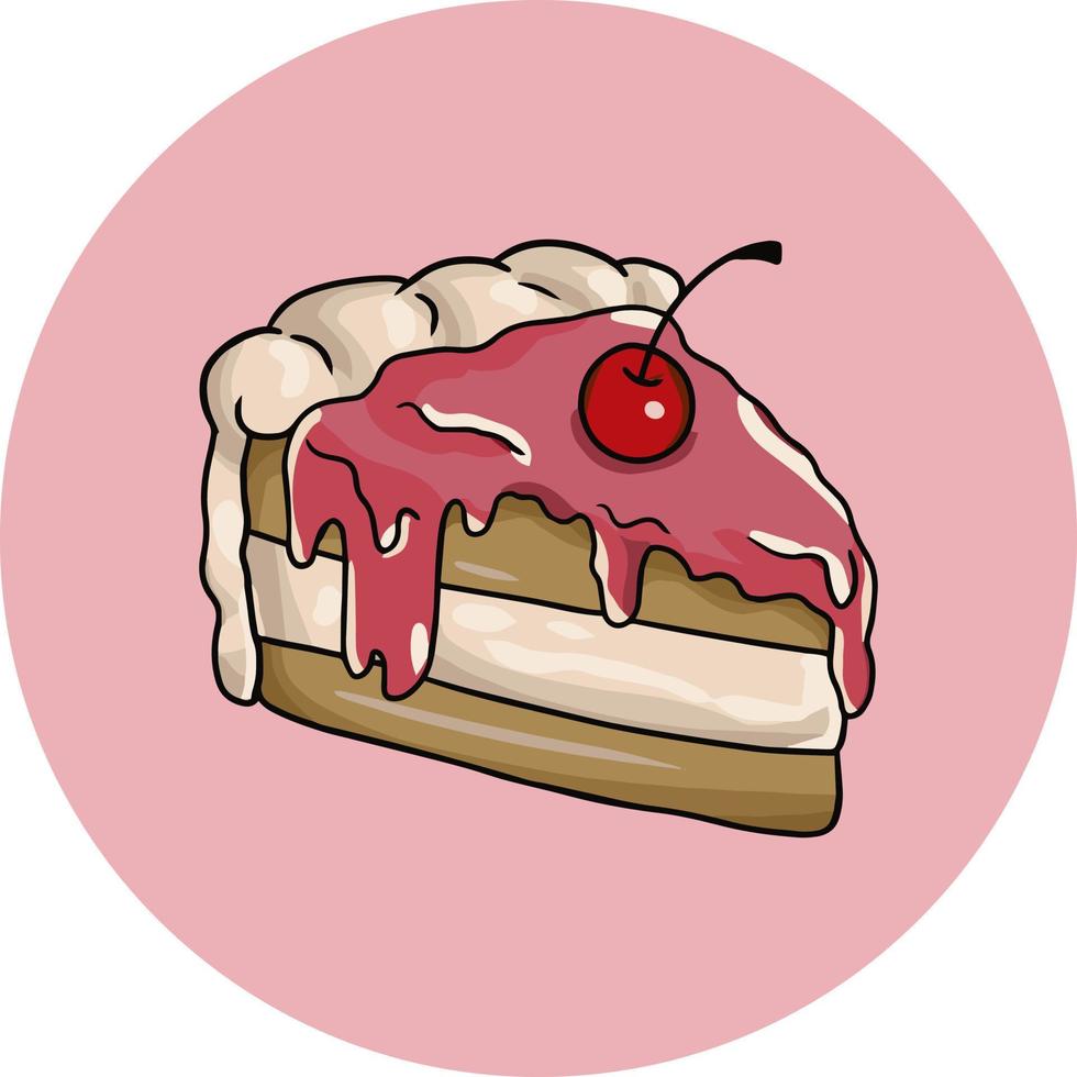 A piece of delicious cake with fruit cream with sweet cherries, vector illustration on a round pink background, icon, logo