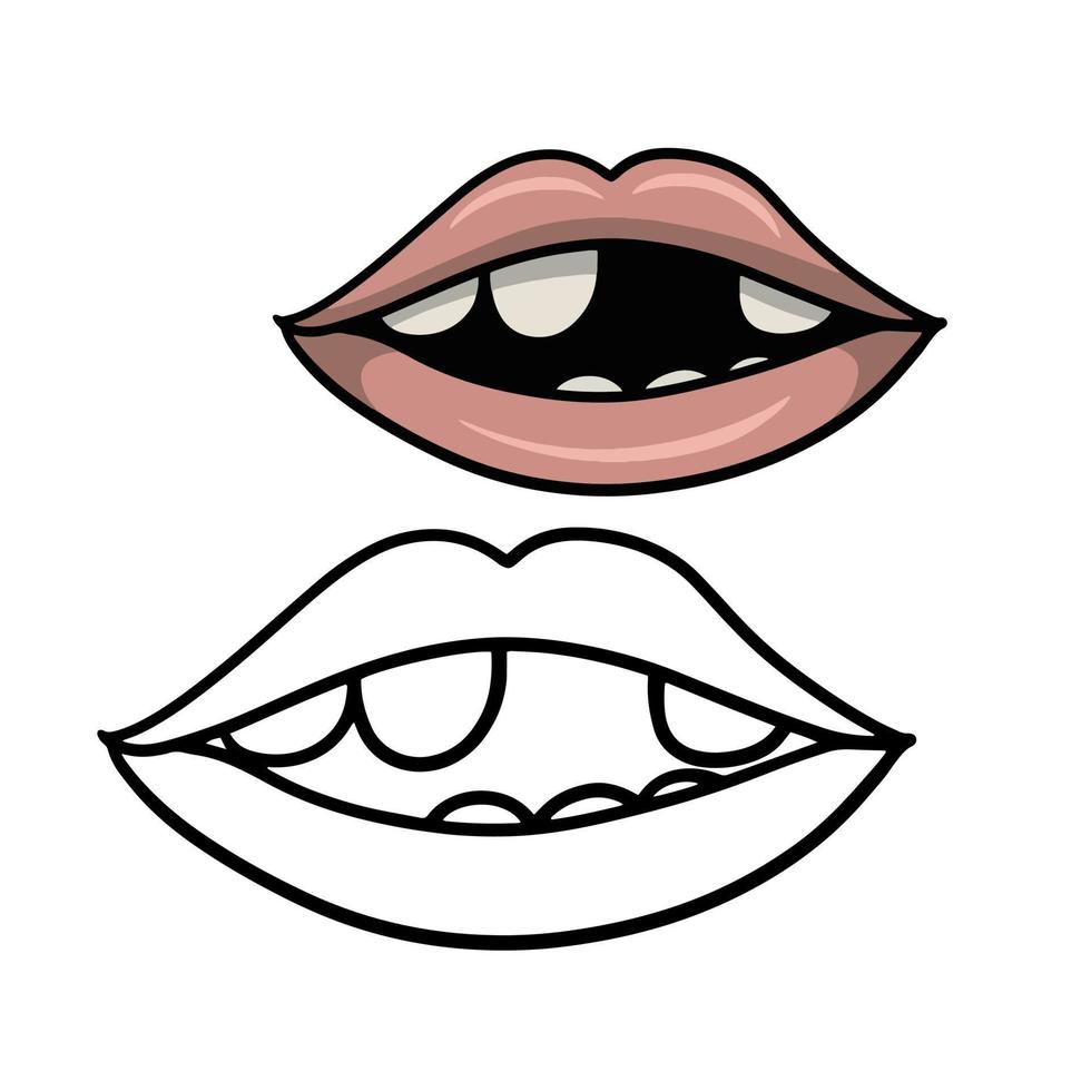 un conjunto de dibujos a color y croquis. labios rosados con dientes blancos, ilustración vectorial de dibujos animados sobre un fondo blanco vector