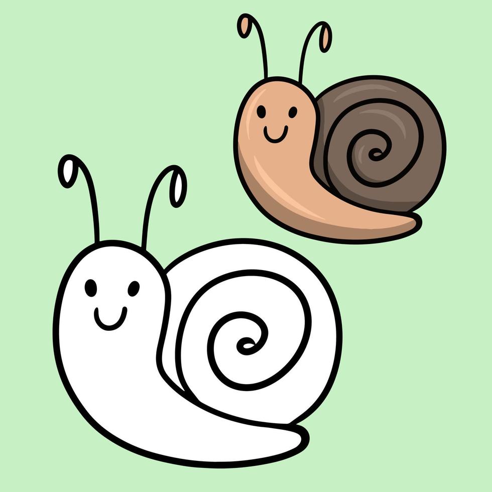 A set of color and sketch drawings. Cute cartoon brown snail, character, vector illustration on a green background