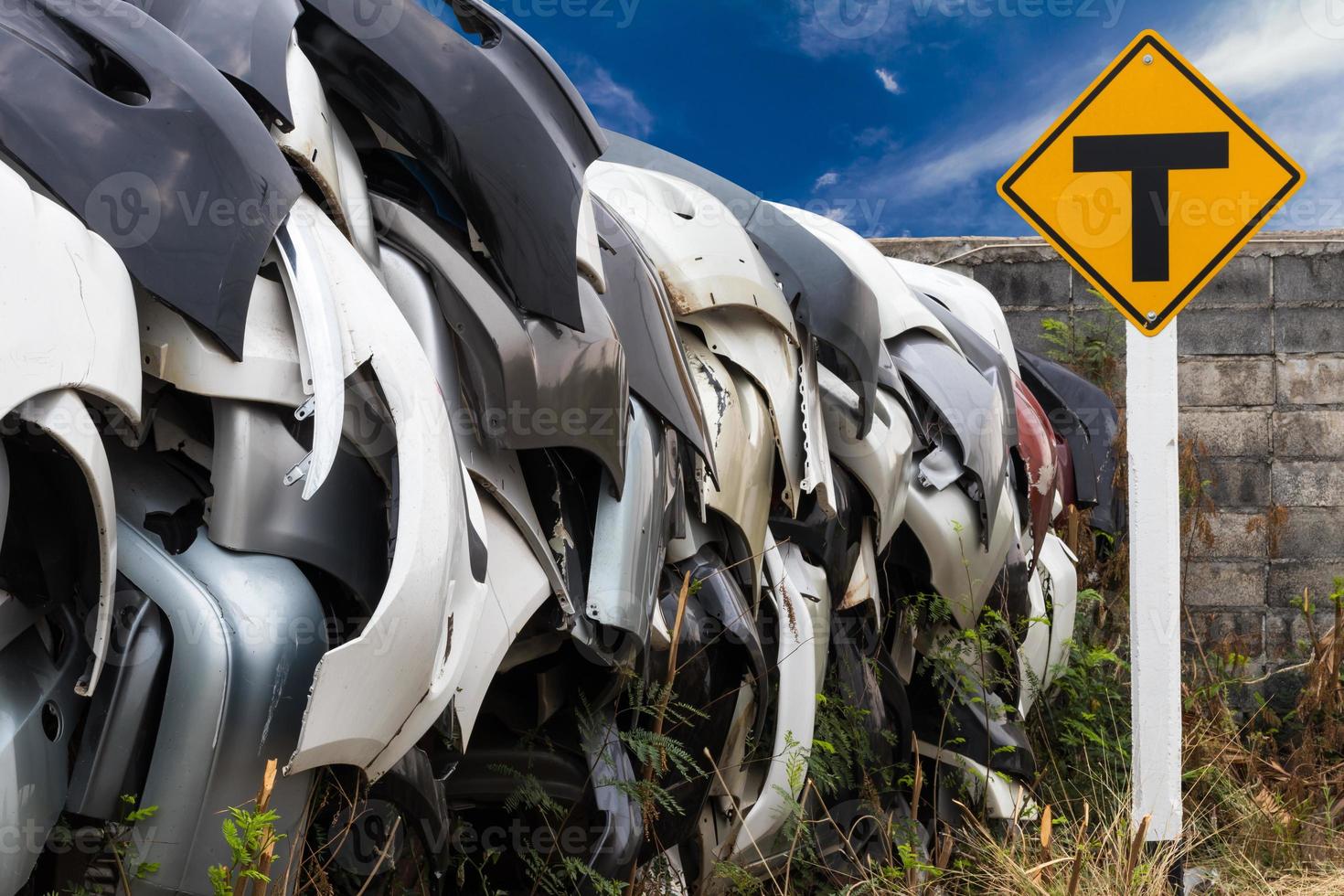 Many old bumpers with signs. photo