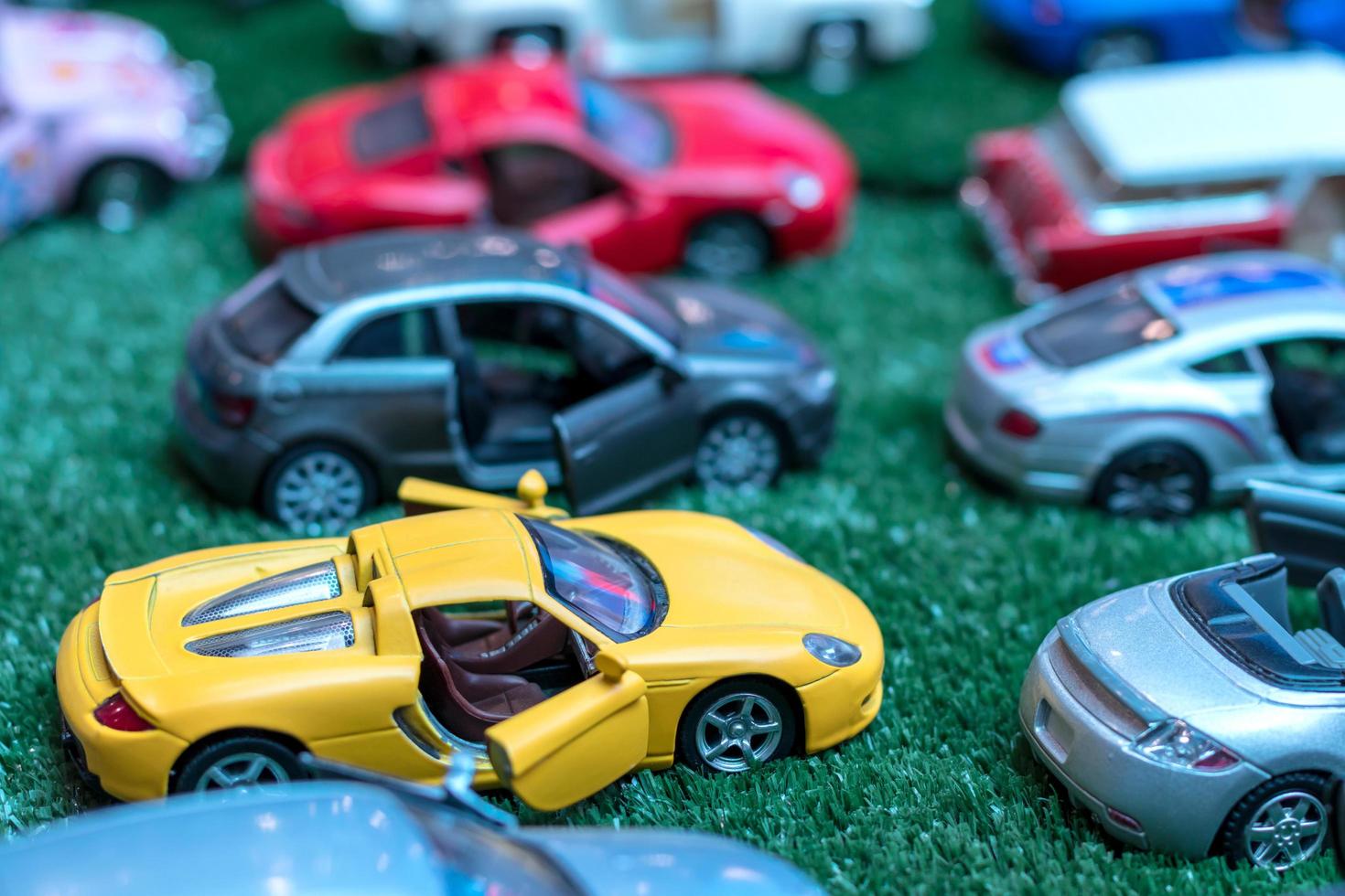 Close-up of yellow toy car. photo