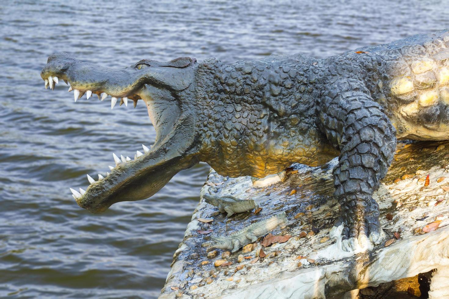 Crocodile statue water waves. photo
