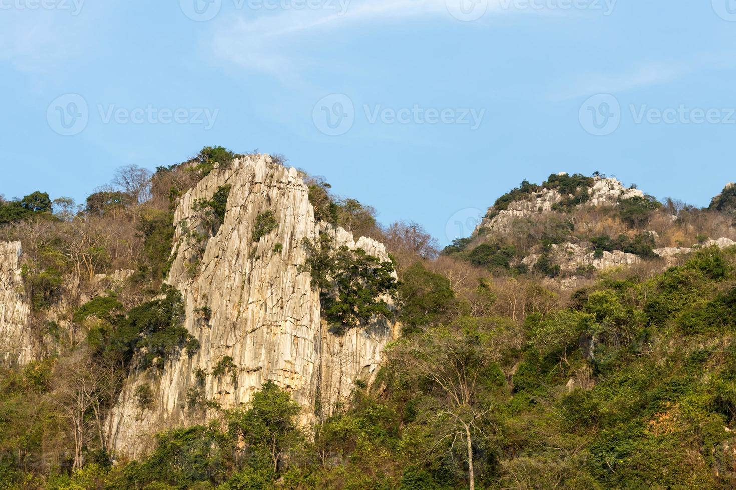 Mountain rock cliff with timber. photo