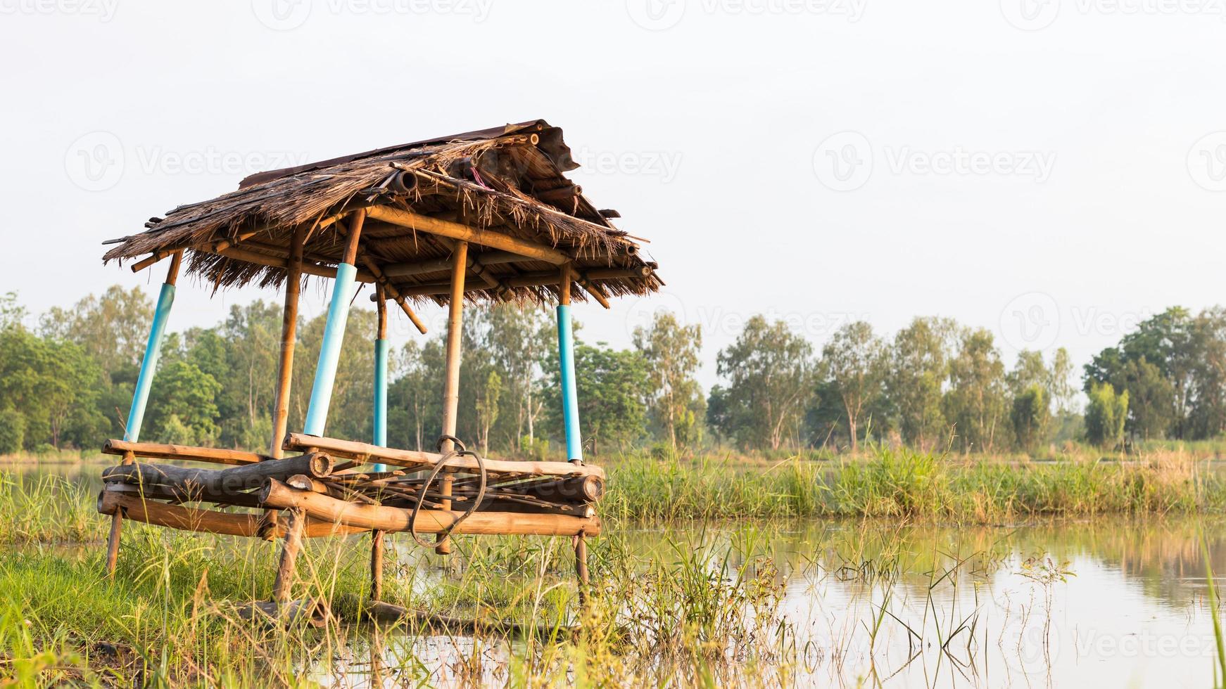 antigua casa de campo en arrozales con agua. foto