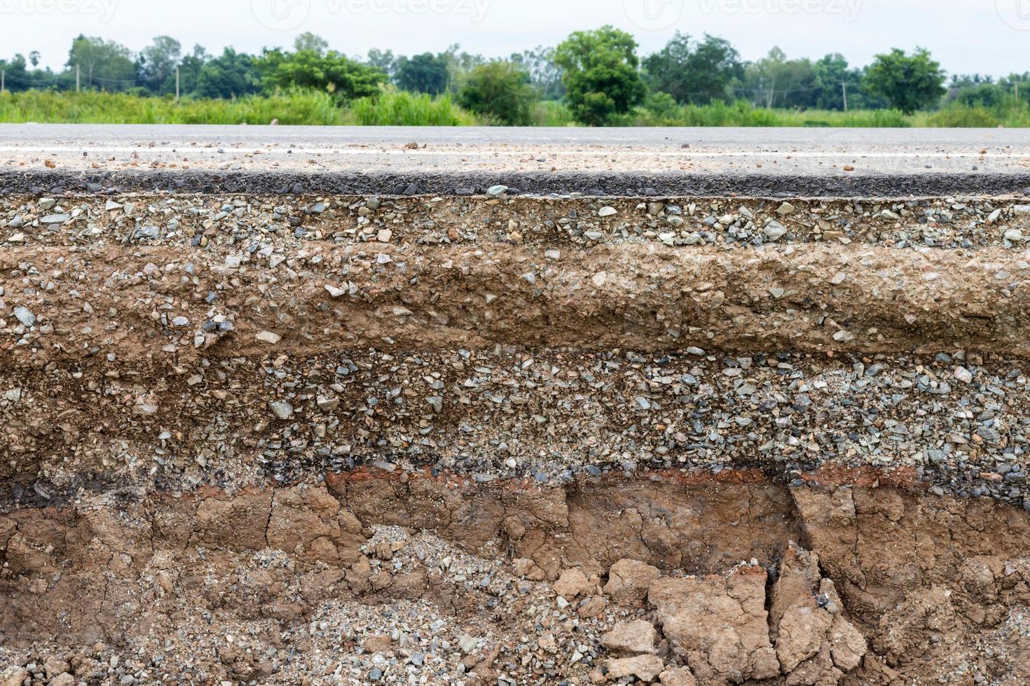 Rocky soil under the eroded road. photo