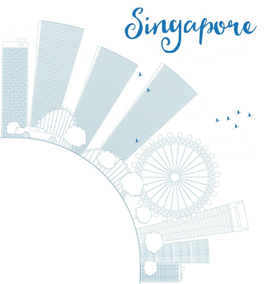 Outline Singapore skyline with blue landmarks and copy space. vector