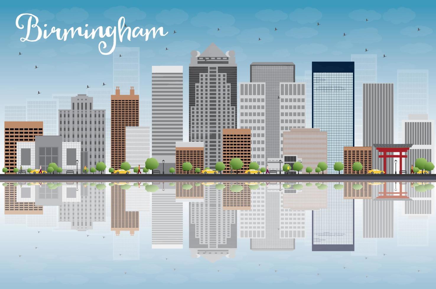 Birmingham Alabama Skyline with Grey Buildings, Blue Sky and reflection vector