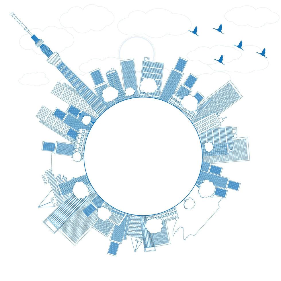 Outline Tokyo skyline with skyscrapers and sun vector