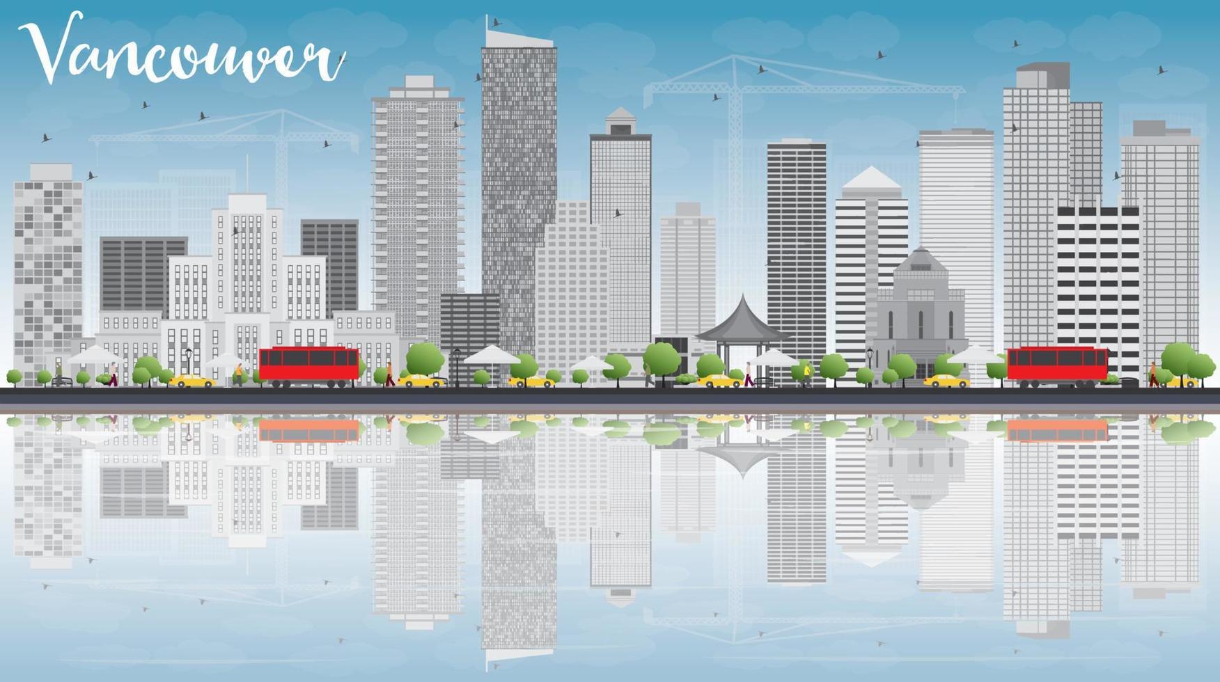Vancouver skyline with grey buildings, blue sky and reflections. vector