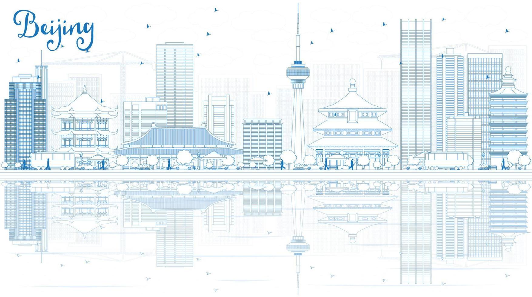 Outline Beijing Skyline with Blue Buildings and Reflections. vector