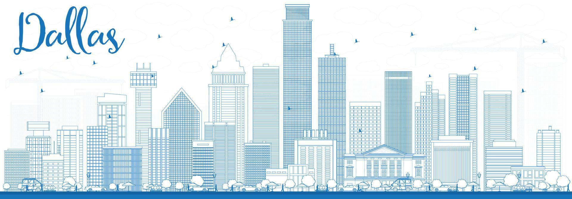 delinear el horizonte de dallas con edificios azules. vector