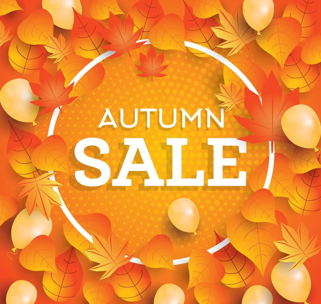 Autumn sale background with falling leaves and balloons. vector