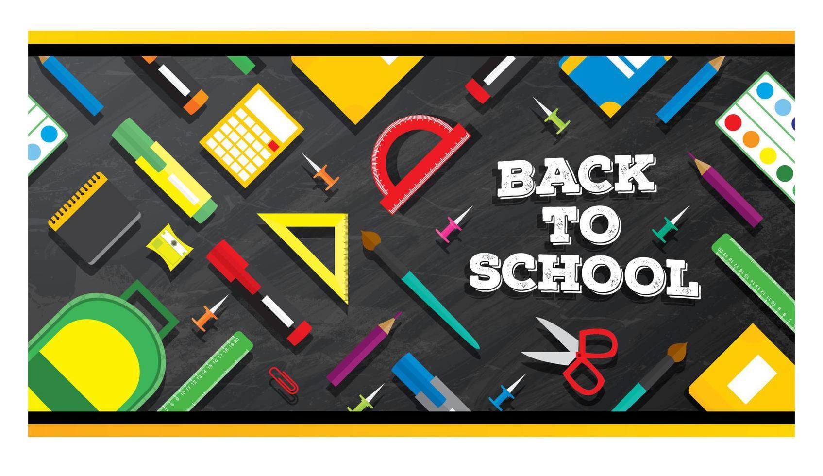 School supplies on blackboard background. vector