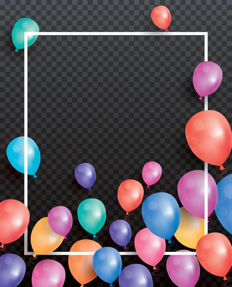 Holiday card with balloons and white frame on transparent background. vector