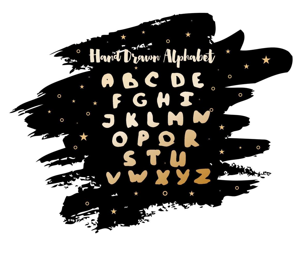 English Handwritten Alphabet with Watercolor Stain and Stars on Background. vector