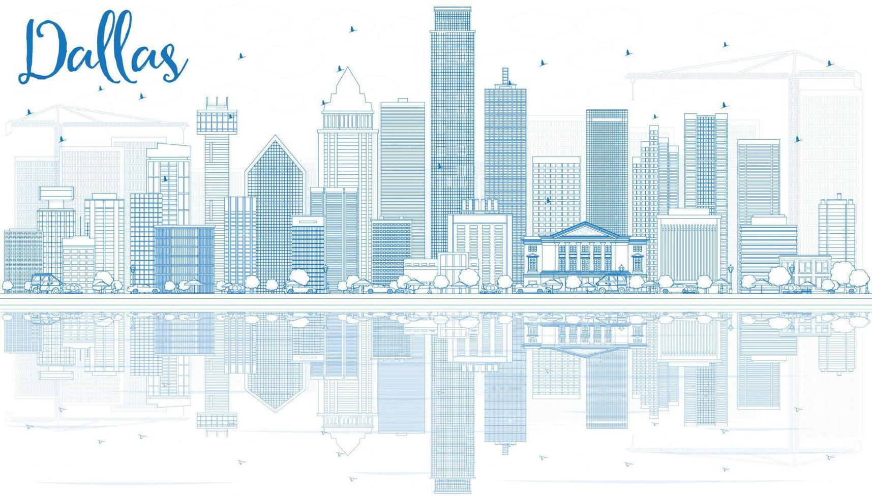 Outline Dallas Skyline with Blue Buildings and Reflections. vector