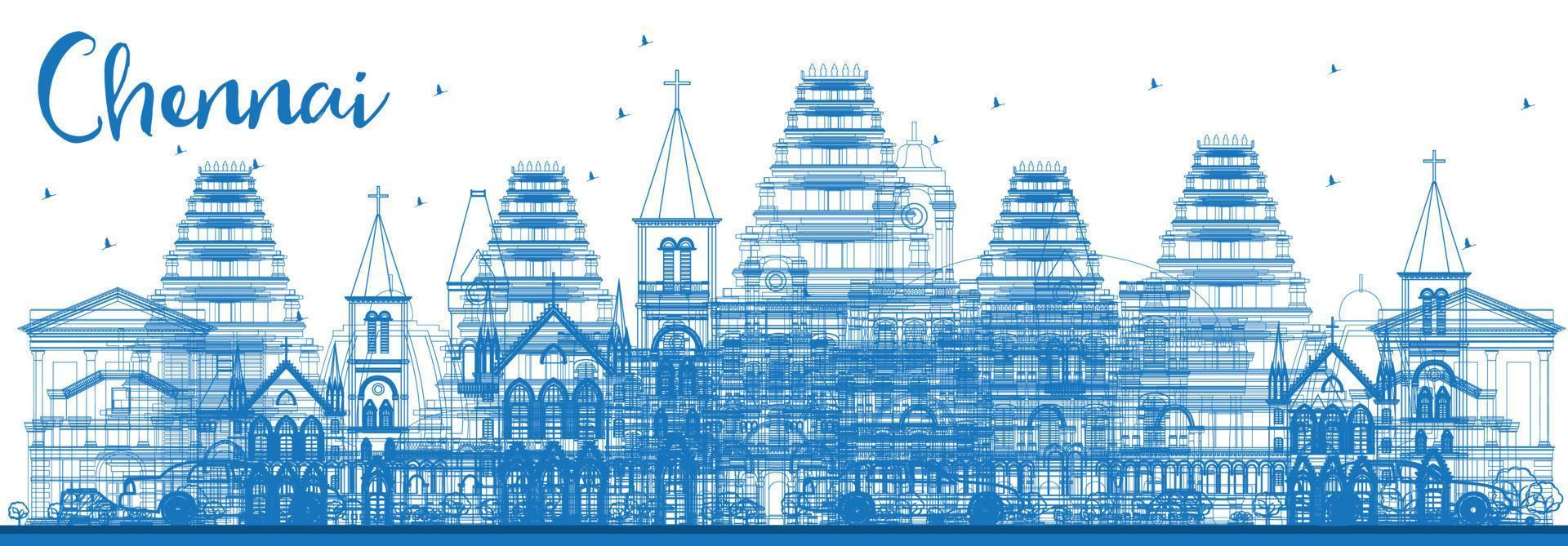 Outline Chennai Skyline with Blue Landmarks. vector