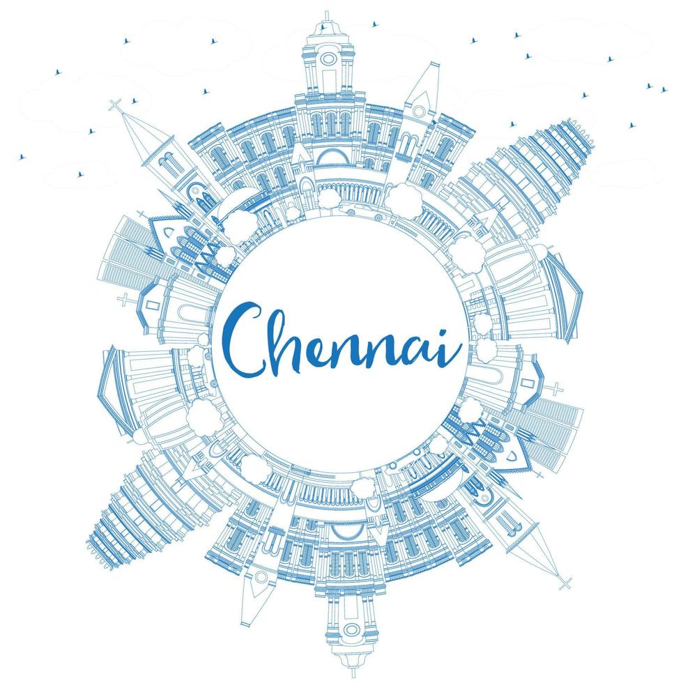 Outline Chennai Skyline with Blue Landmarks and Copy Space. vector