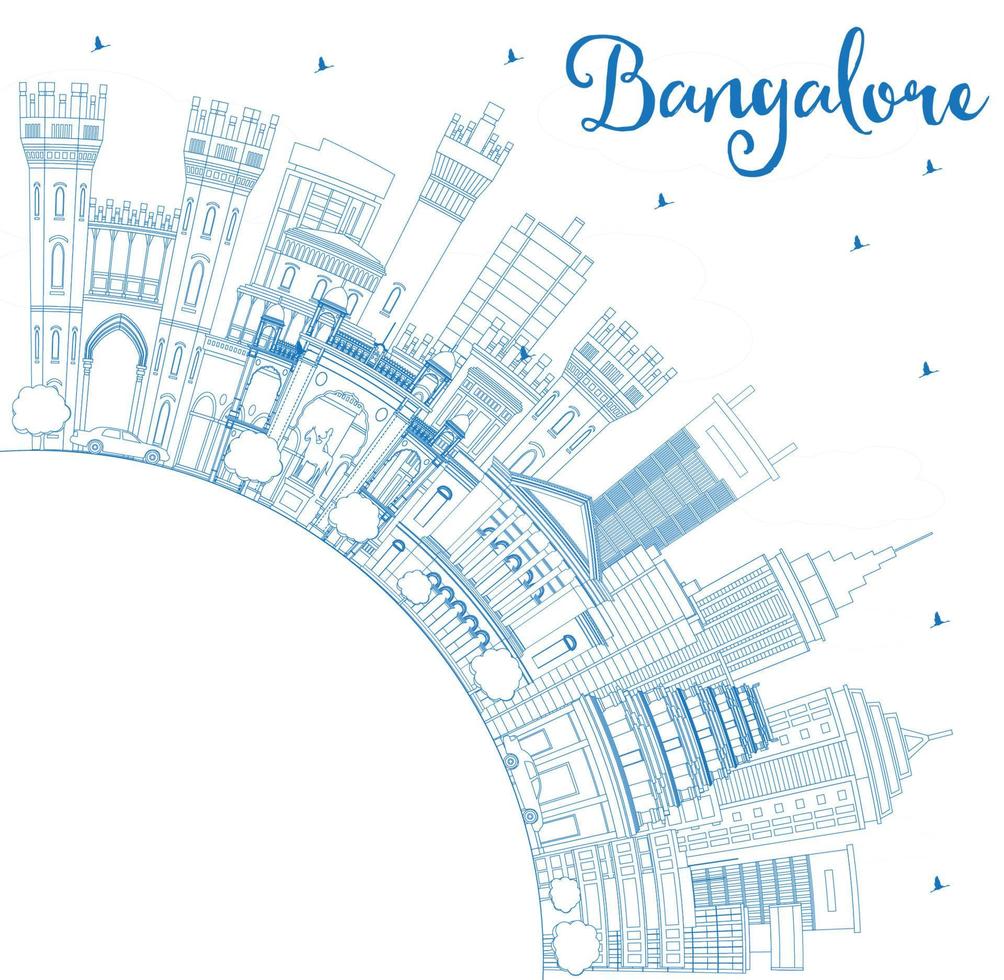 Outline Bangalore Skyline with Blue Buildings and Copy Space. vector
