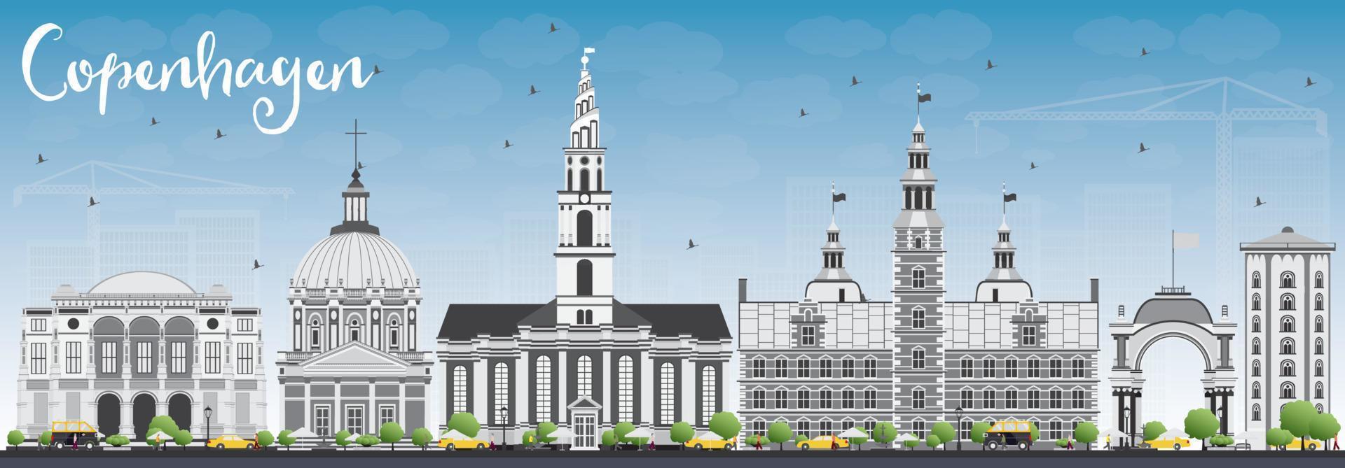 Copenhagen Skyline with Gray Landmarks and Blue Sky. vector