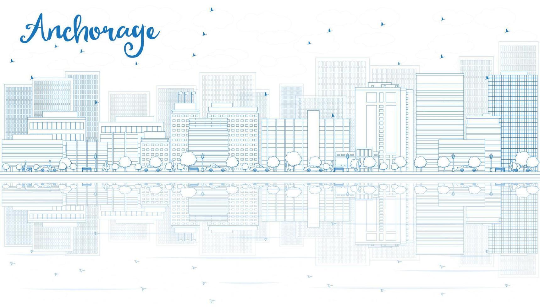 Outline Anchorage skyline with blue buildings. vector