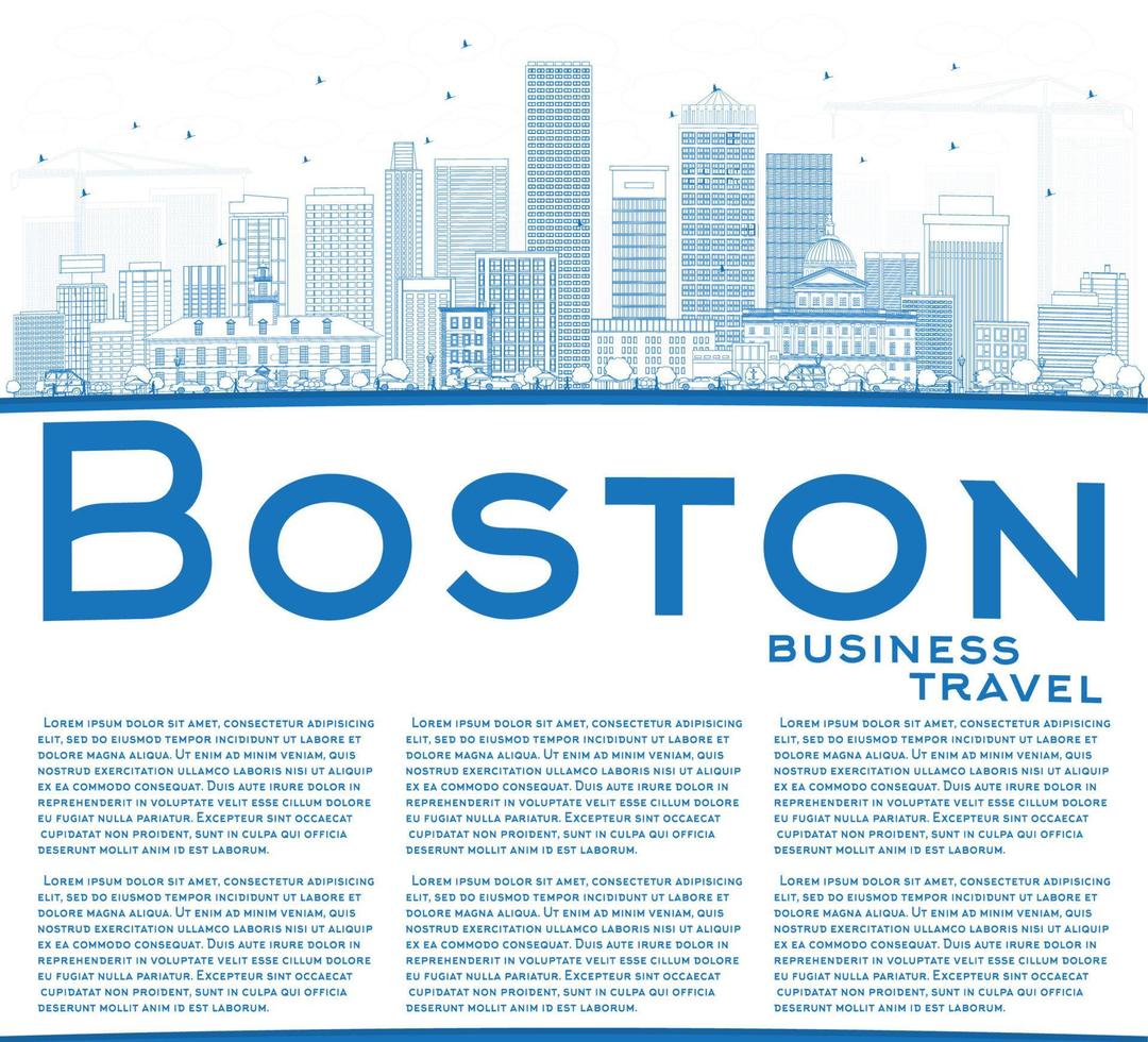 Outline Boston Skyline with Blue Buildings and Copy Space. vector