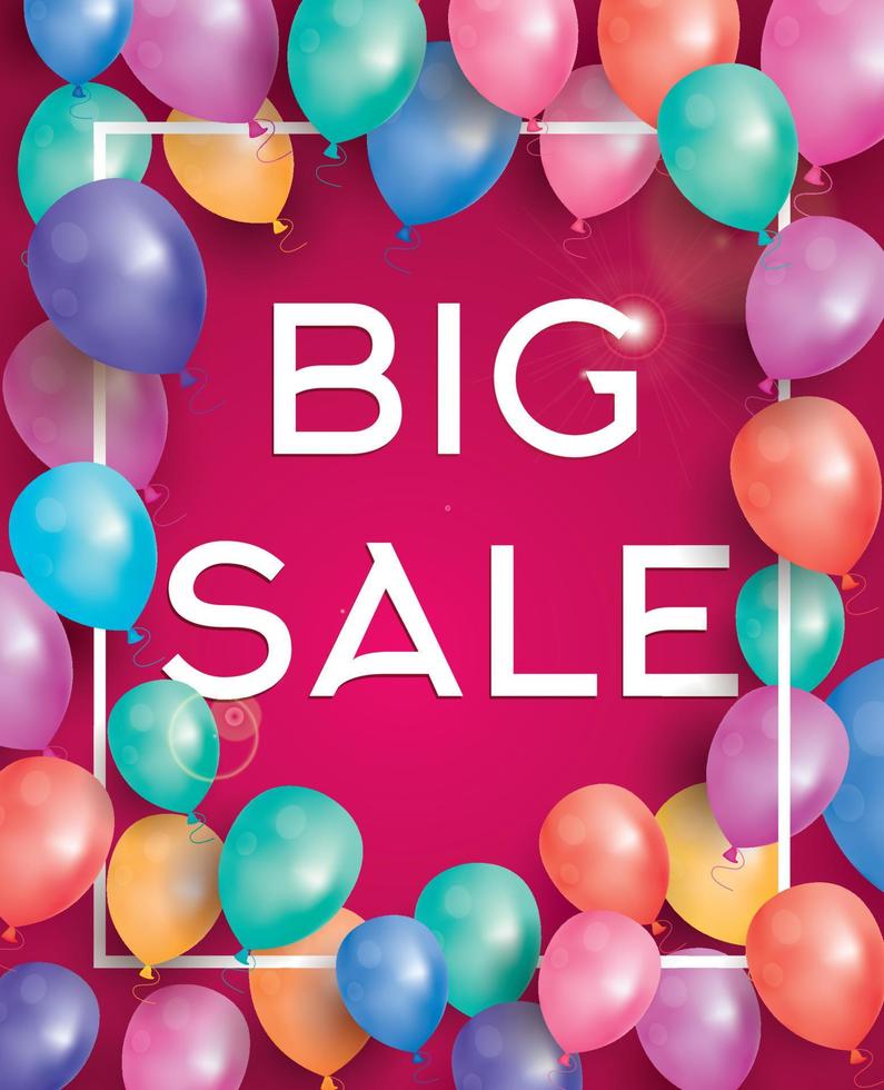 Big sale poster on red background with flying balloons and white frame. vector