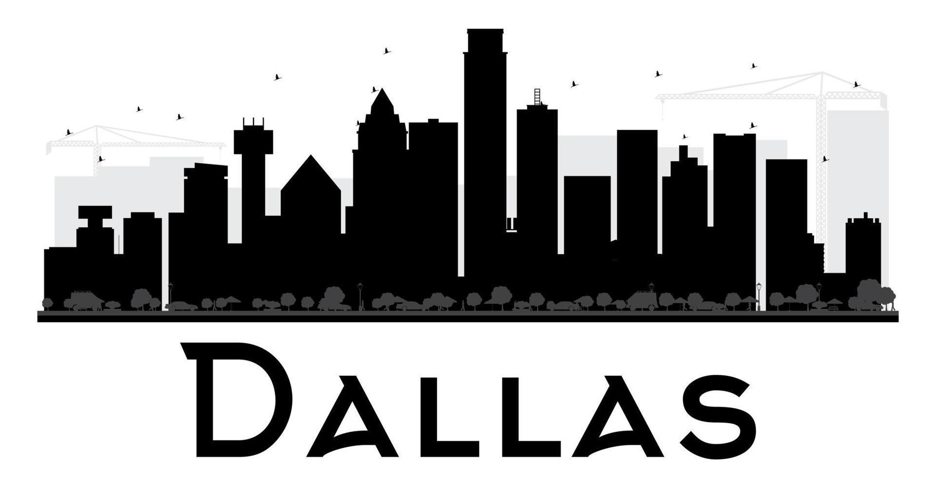 silueta en blanco y negro del horizonte de la ciudad de dallas. vector