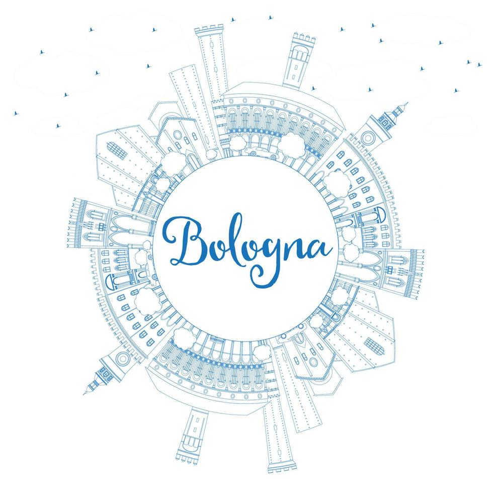 Outline Bologna Skyline with Blue Landmarks and Copy Space. vector