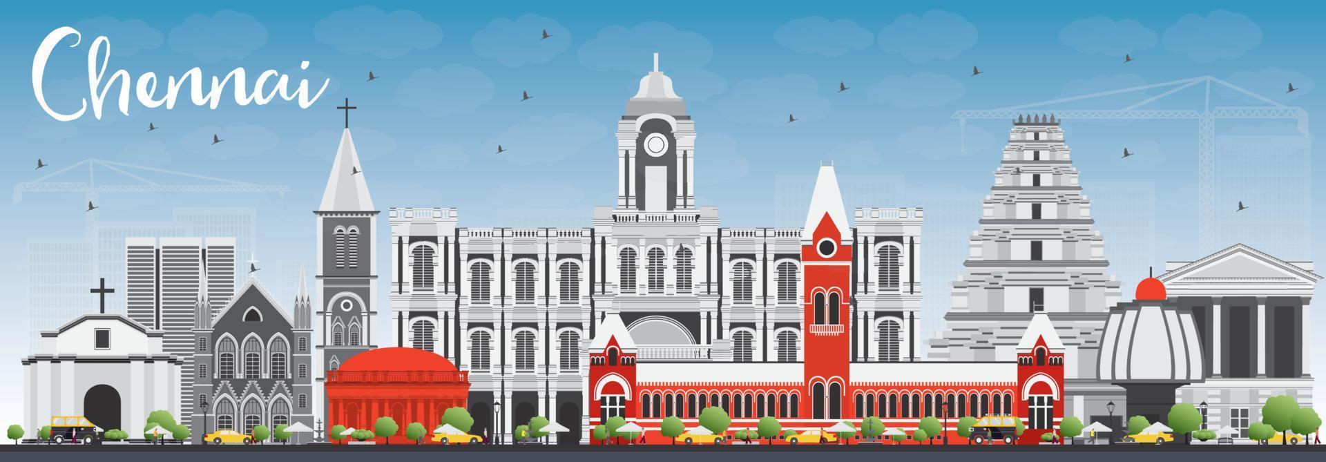 Chennai Skyline with Gray Landmarks and Blue Sky. vector