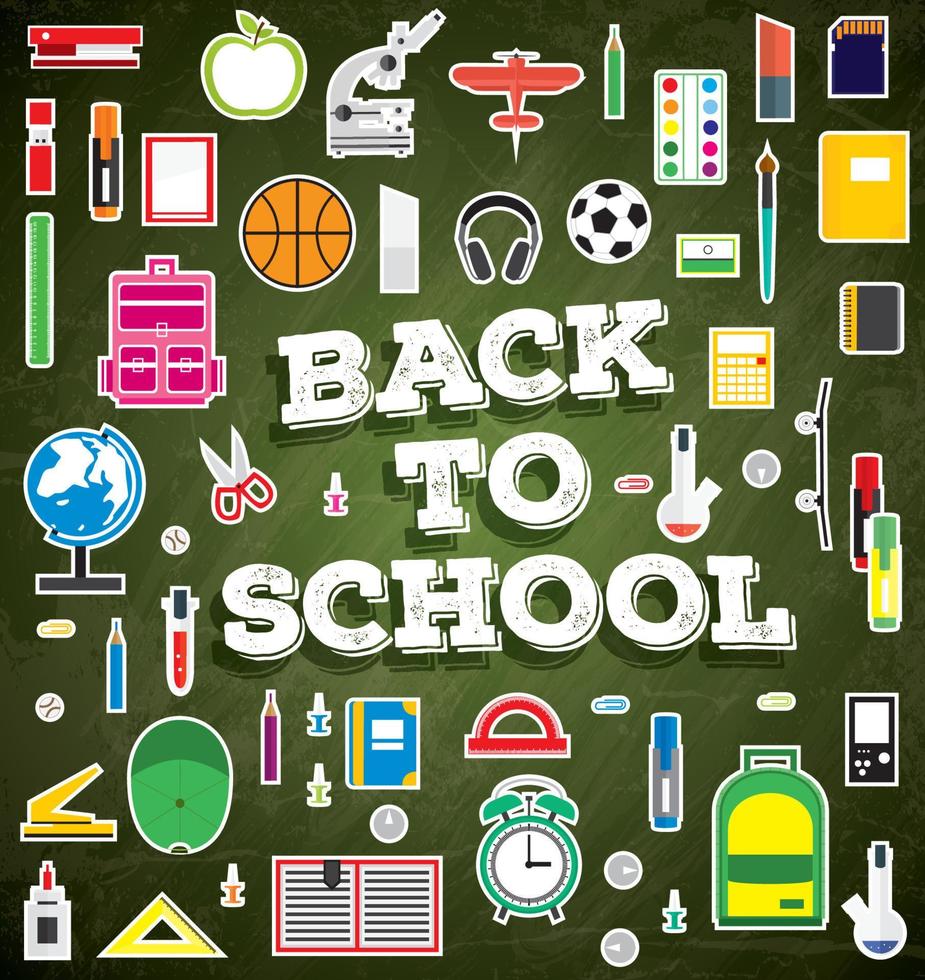 Back to school. School supplies on green chalk board background. vector