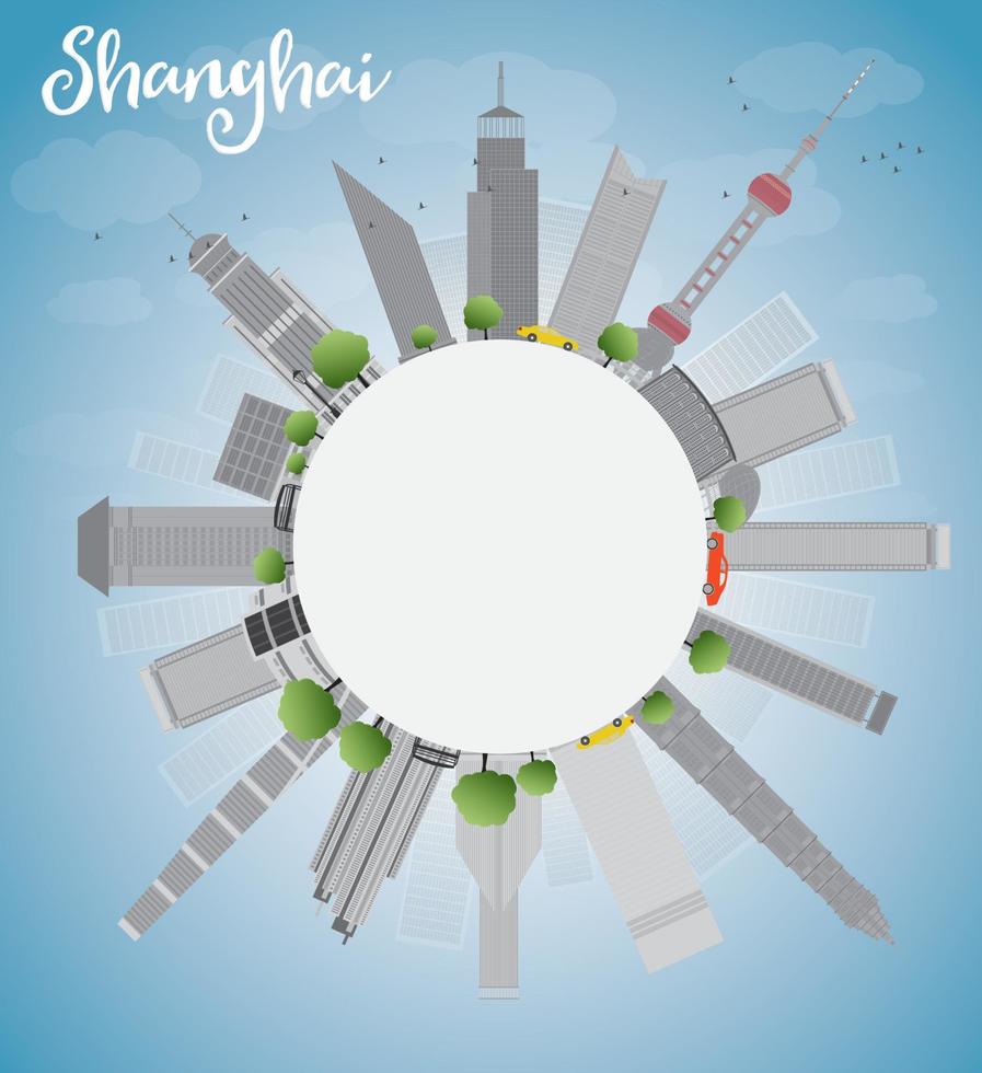 Shanghai skyline with blue sky and grey skyscrapers vector