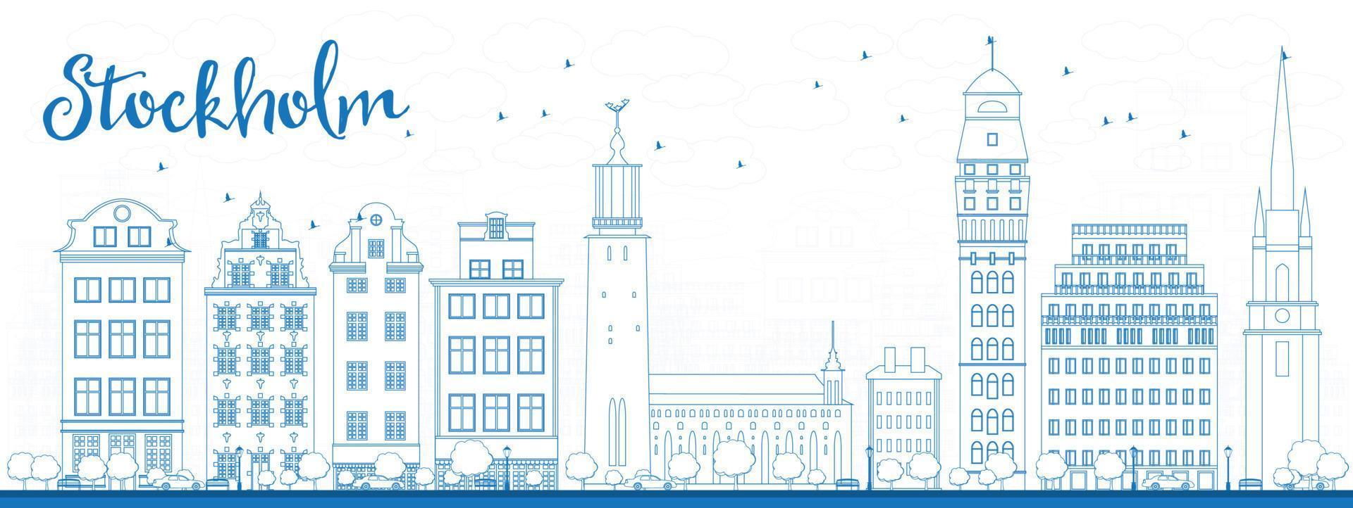 Outline Stockholm Skyline with Blue Buildings vector