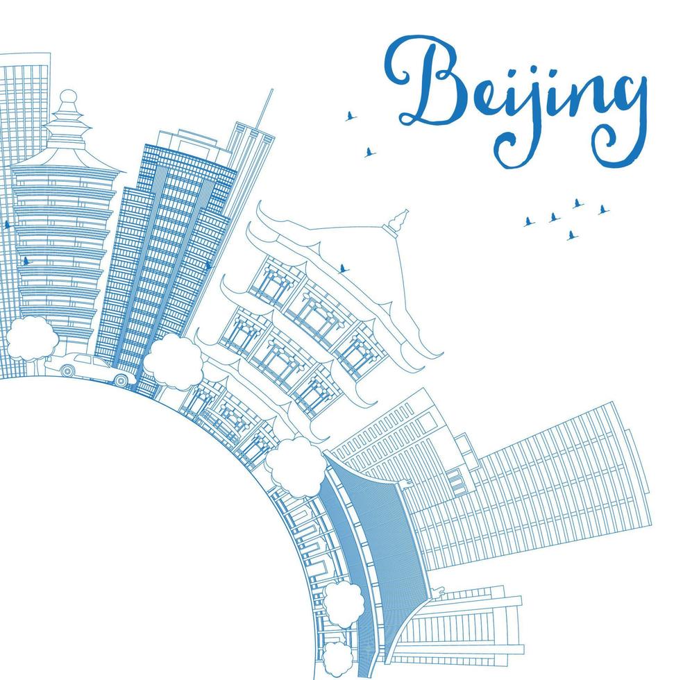 Outline Beijing Skyline with Blue Buildings and Copy Space. vector