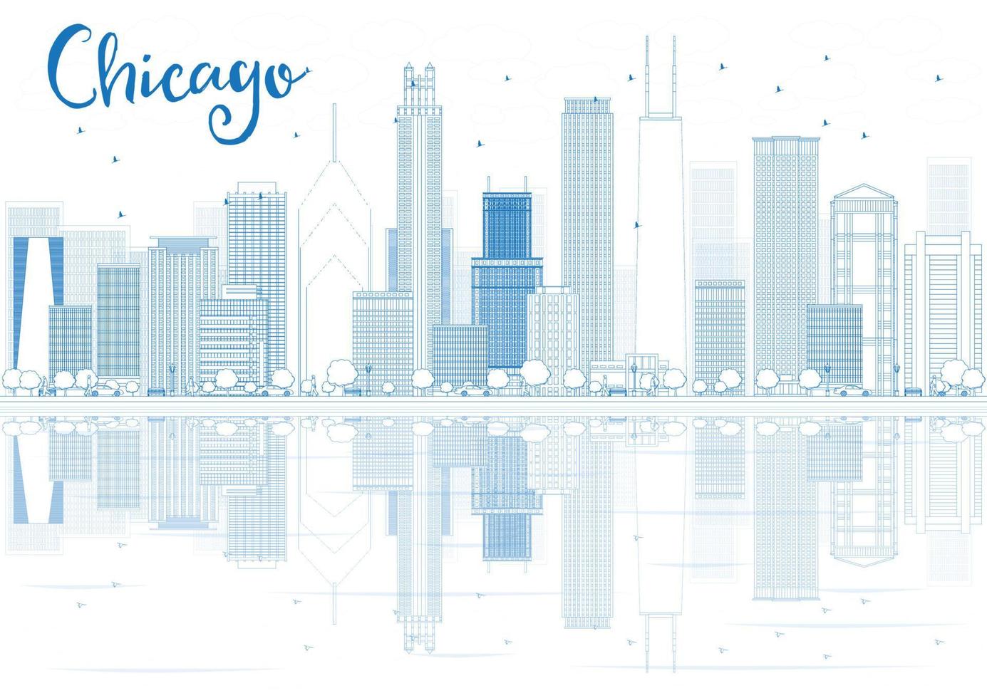 Outline Chicago skyline with blue buildings and reflections. vector