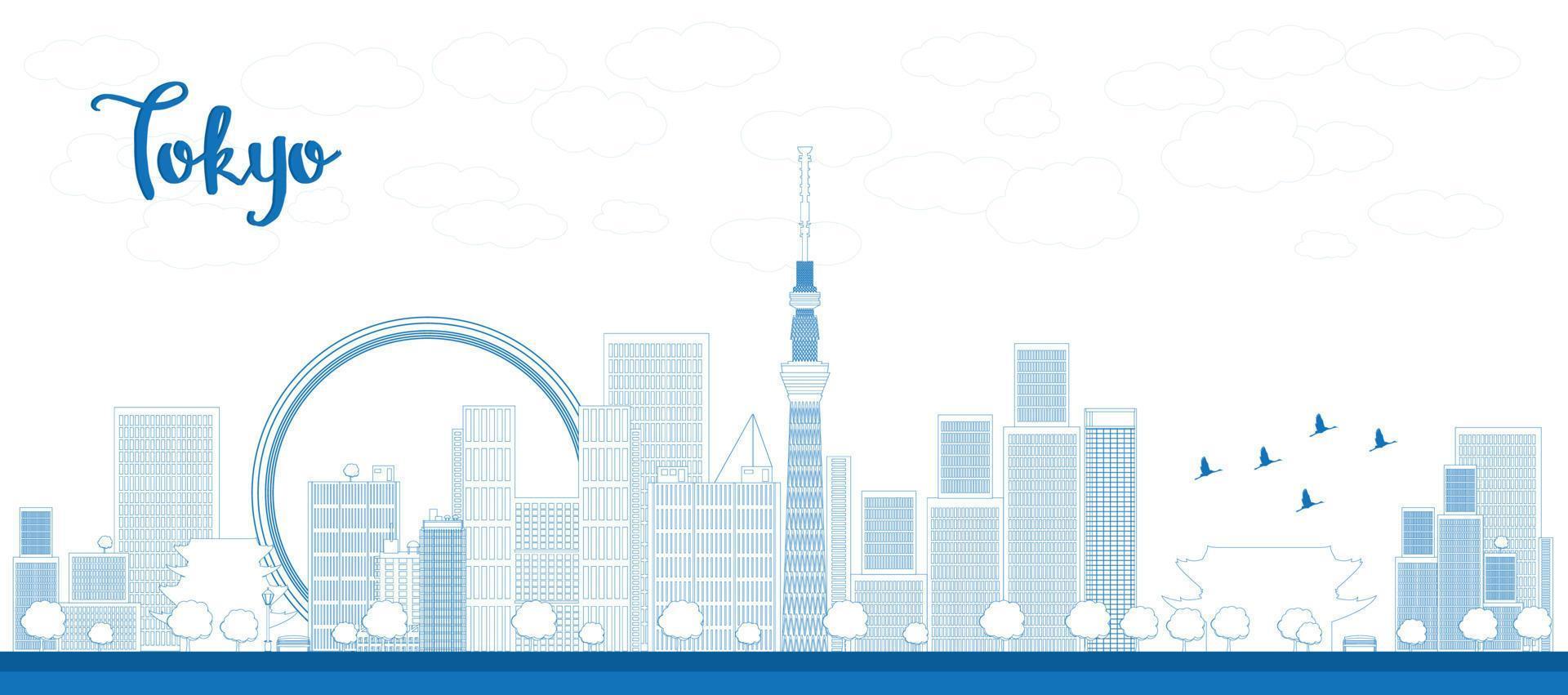 Outline Tokyo skyline with skyscrapers and sun vector