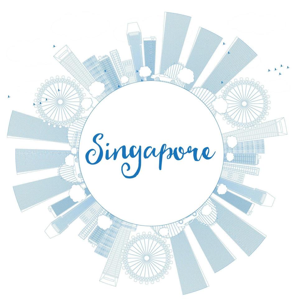 Outline Singapore skyline with blue landmarks and copy space. vector