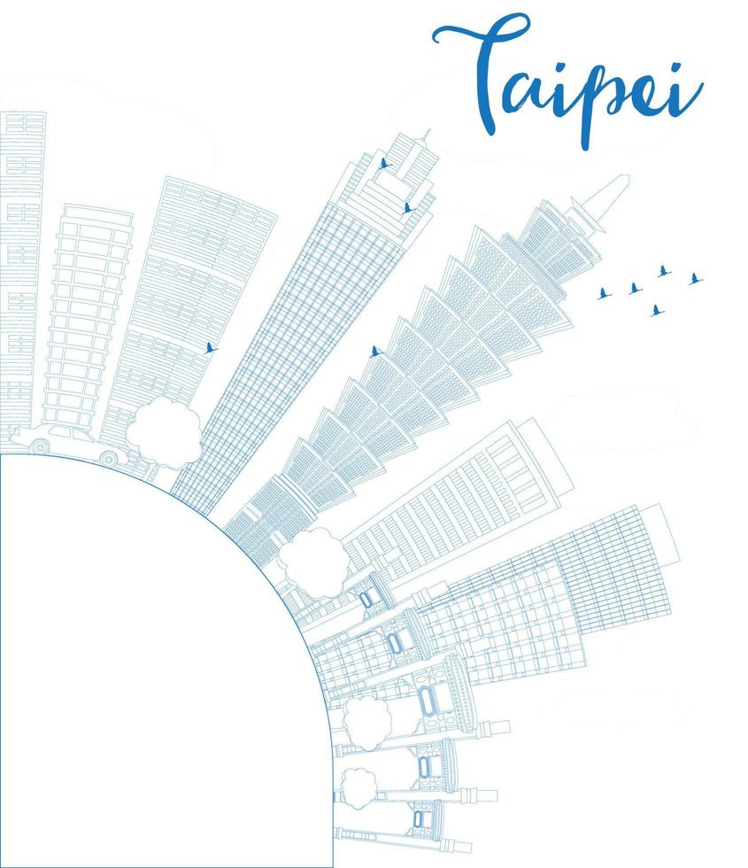 delinee el horizonte de taipei con puntos de referencia azules y copie el espacio. vector