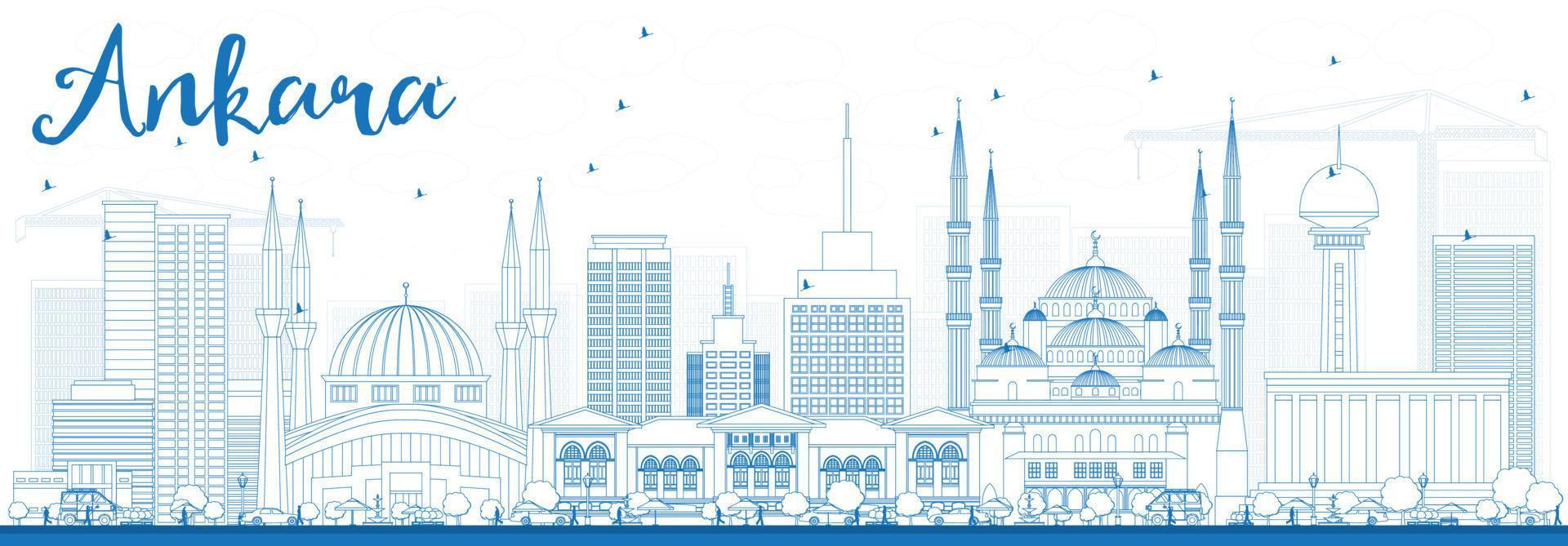 Outline Ankara Skyline with Blue Buildings. vector