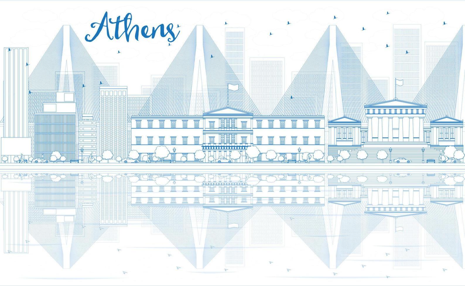 Outline Athens skyline with blue buildings and reflections. vector
