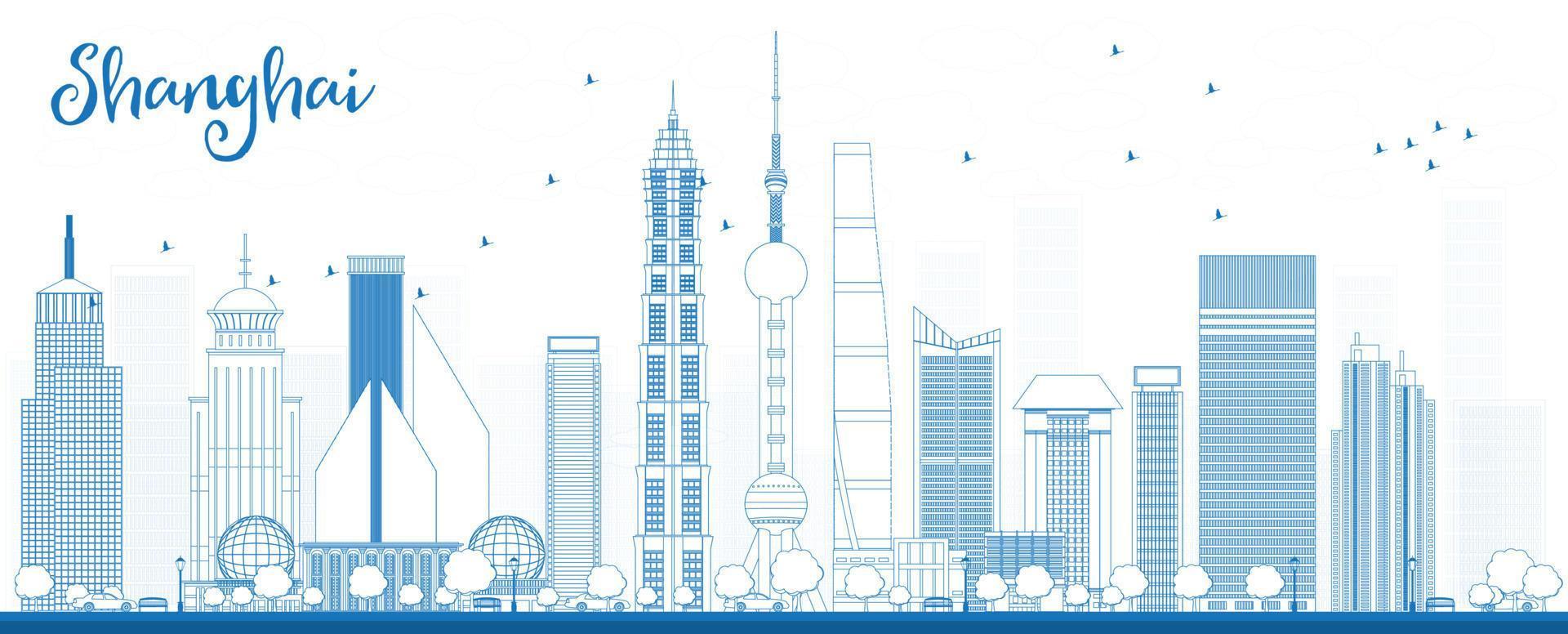 Outline Shanghai skyline with blue skyscrapers. vector