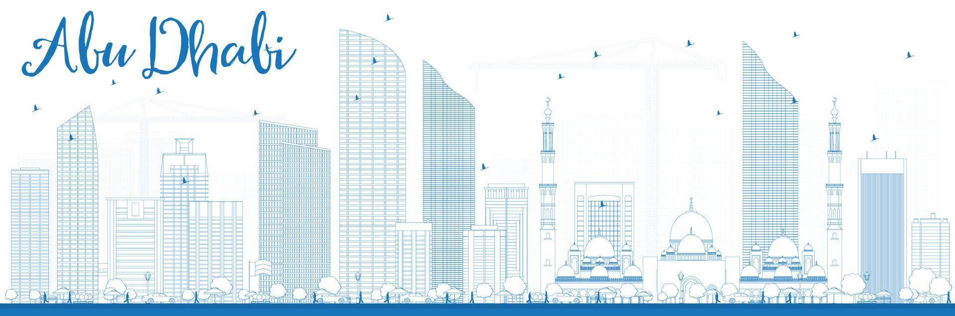 Outline Abu Dhabi City Skyline with Blue Buildings. vector