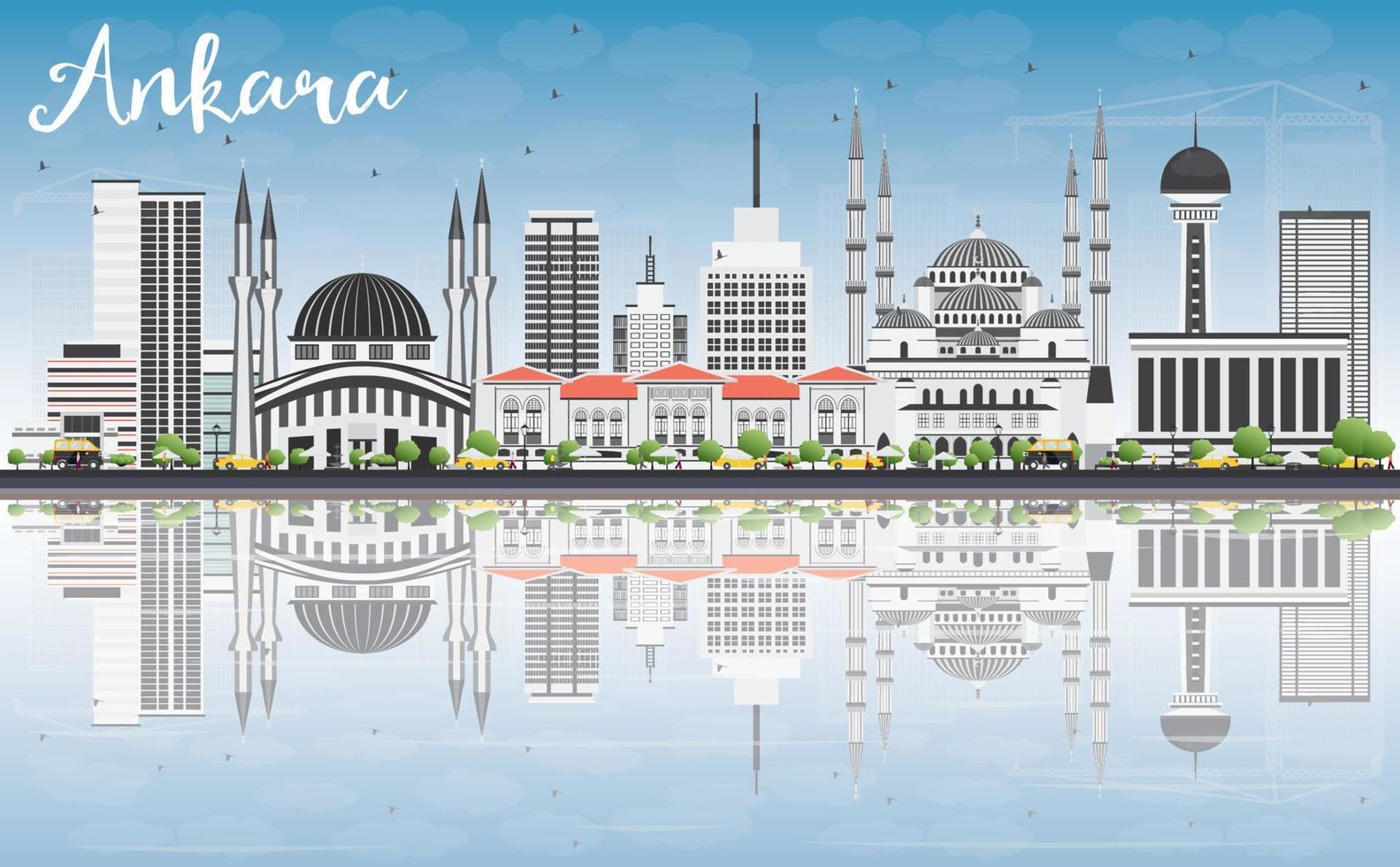 Ankara Skyline with Gray Buildings, Blue Sky and Reflections. vector