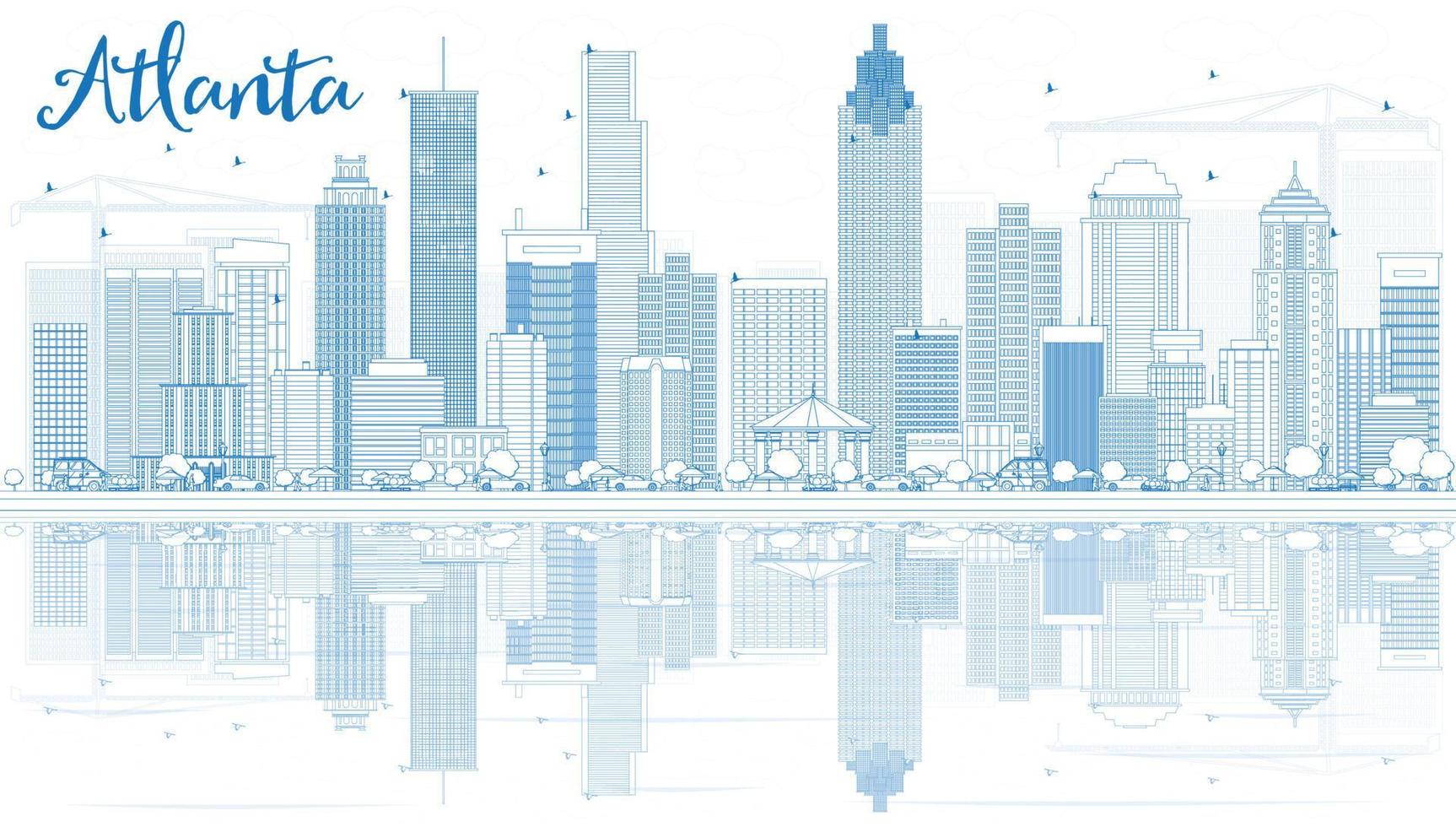 Outline Atlanta Skyline with Blue Buildings and Reflections. vector
