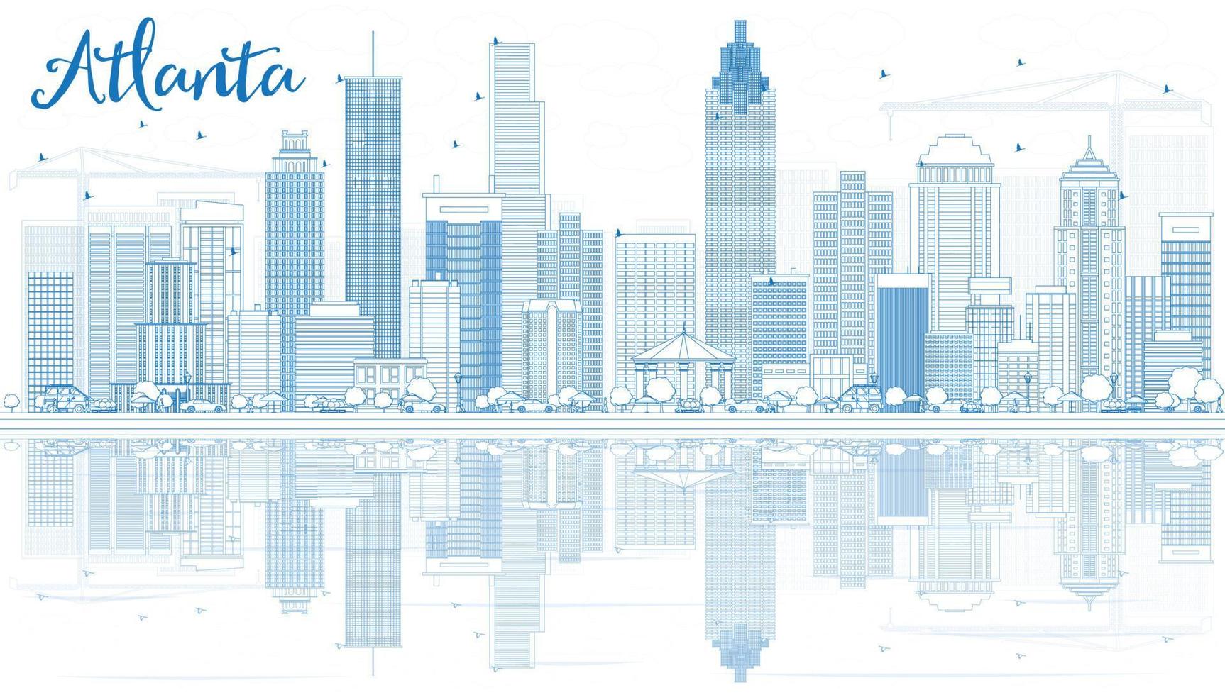 Outline Atlanta Skyline with Blue Buildings and Reflections. vector