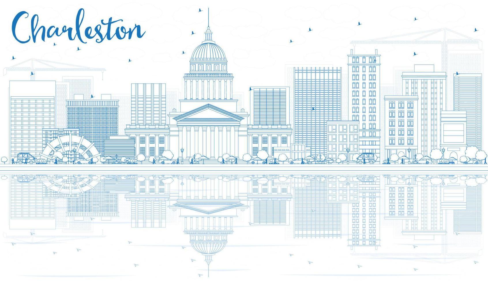 Outline Charleston Skyline with Blue Buildings and Reflections. vector