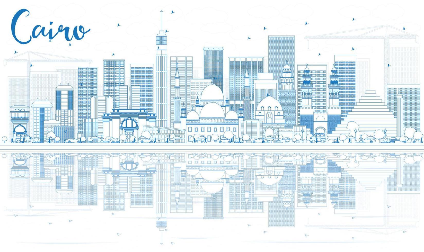 Outline Cairo Skyline with Blue Buildings and Reflections. vector