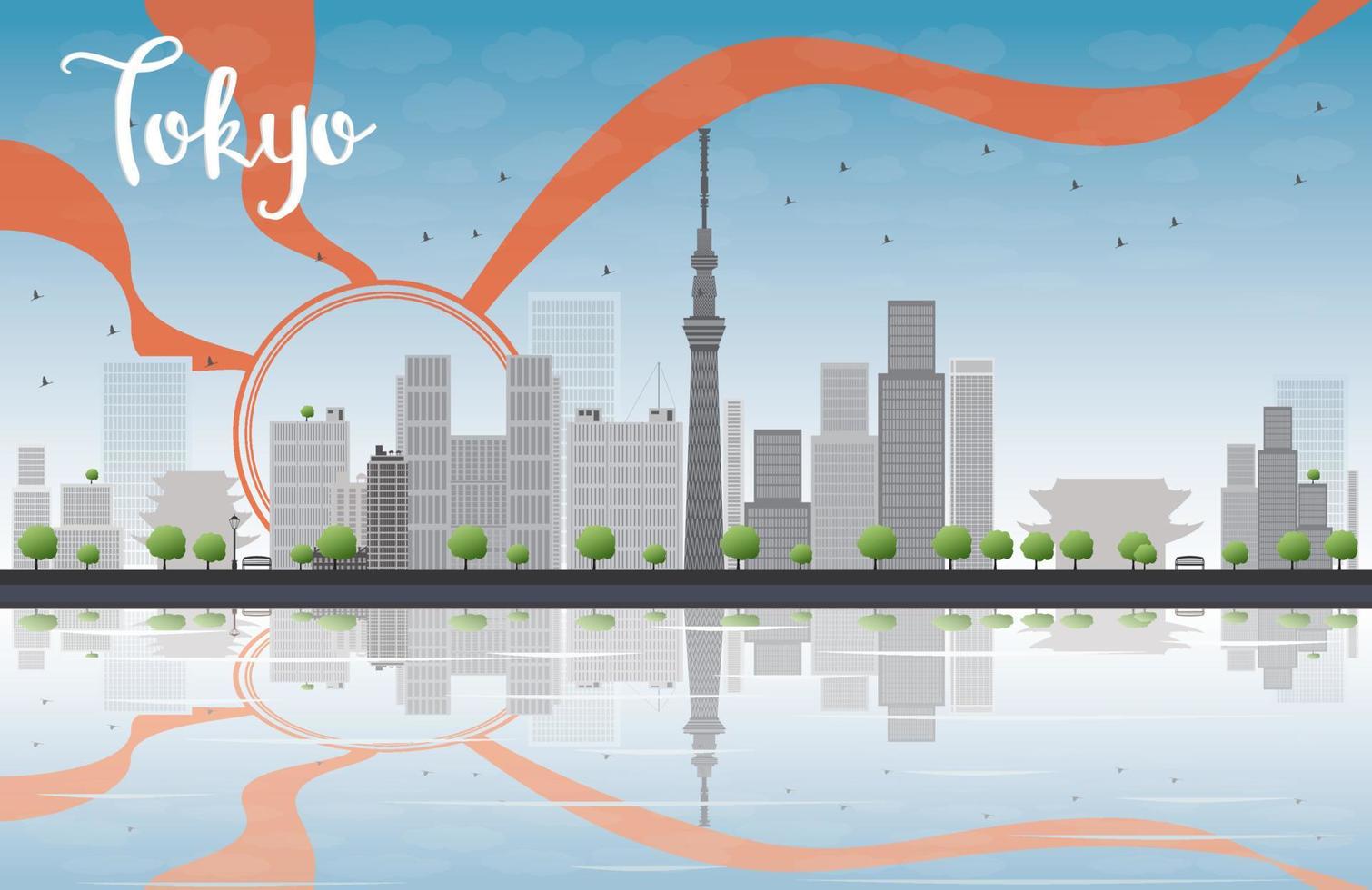 Tokyo skyline with skyscrapers, sun and reflection vector