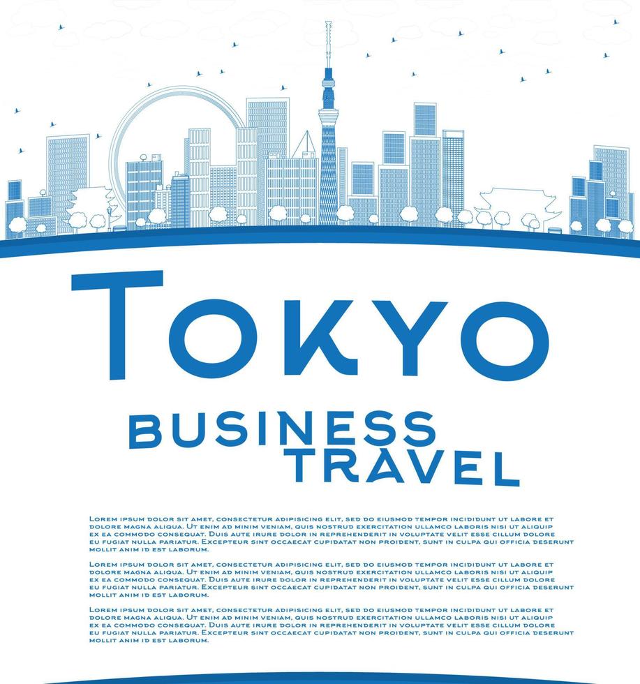 Outline Tokyo skyline with skyscrapers, sun and copy space. vector
